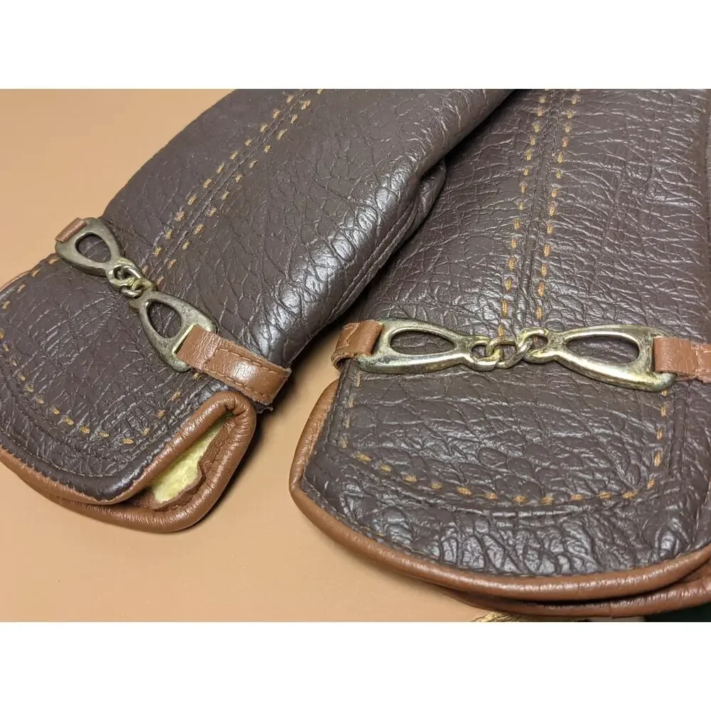 English Village Faux Leather VINTAGE Gloves Faux Fur Lined Size B Metal Accents